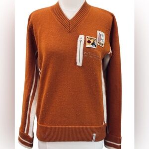 Vintage Ski Sweater Pullover V-Neck Sweater with Patches